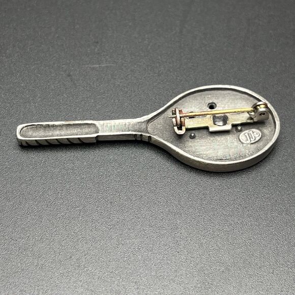 Signed JJ Pewter Tone Tennis Racquet Pin w/ DETACHABLE Tennis Ball Earrings Gift - Picture 4 of 6
